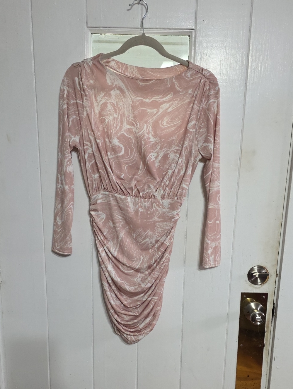 NWOT ASOS Dress Body Con Rosy/Tan/White Marbled Ruched Stretchy Slinky Sexy Sz 6